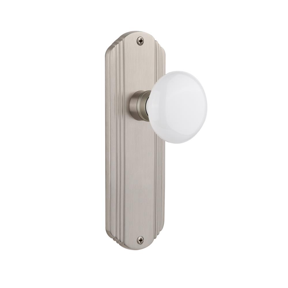 Nostalgic Warehouse DECWHI Complete Passage Set Without Keyhole Deco Plate with White Porcelain Knob in Satin Nickel